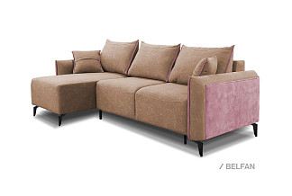 "Соренто" диван с оттоманкой; раскл.; "Тик-так" (1480х2310); левый; металл черный; Tiffany 03 Milka+Tiffany 03 Milka+Tiffany 14 Flamingo (гр. 1/МТХ)